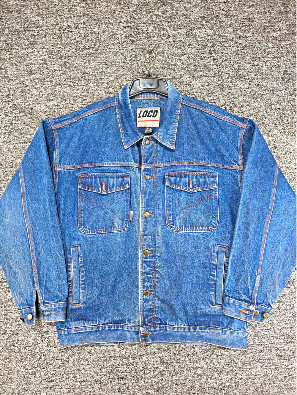 Y2K LOCO Men's Blue Denim Jacket Button Front Pockets Point Collar Size 2XL